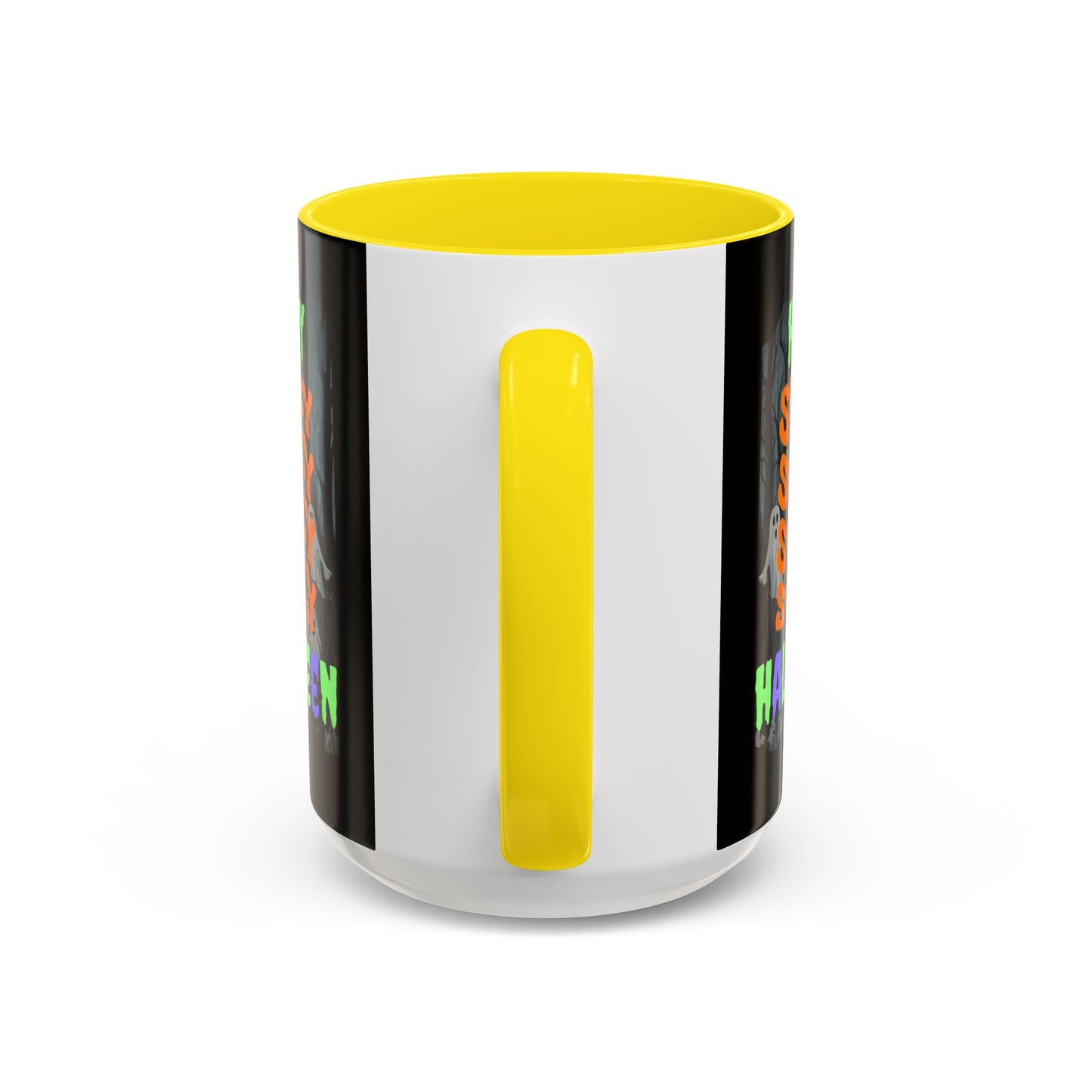 Spooky Happy Halloween Ghost Mixed font Black Accent Mug by CreepyCrafts.boo