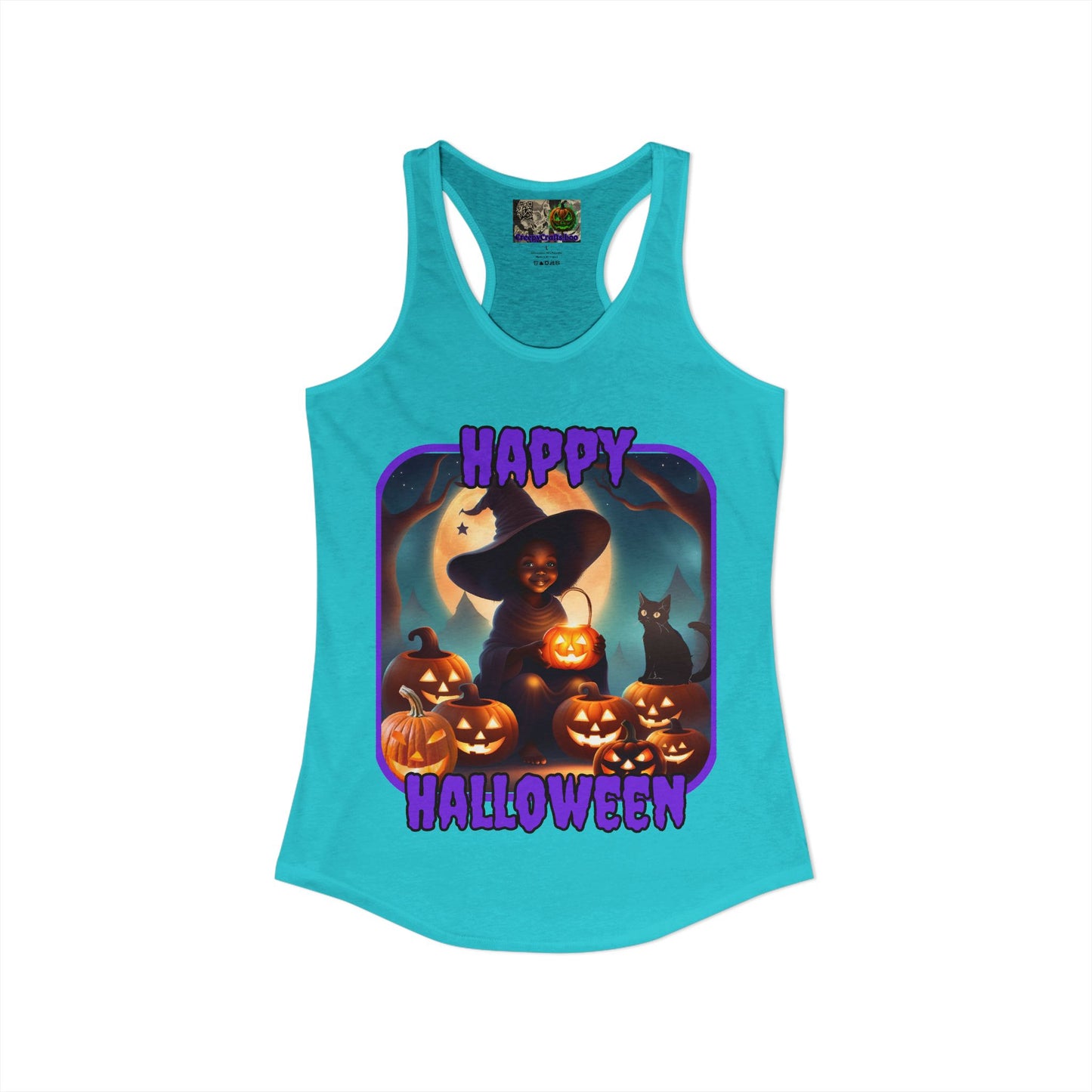 Happy Halloween Cute Witch Purple font Women's Racerback Tank Top by CreepyCrafts.boo