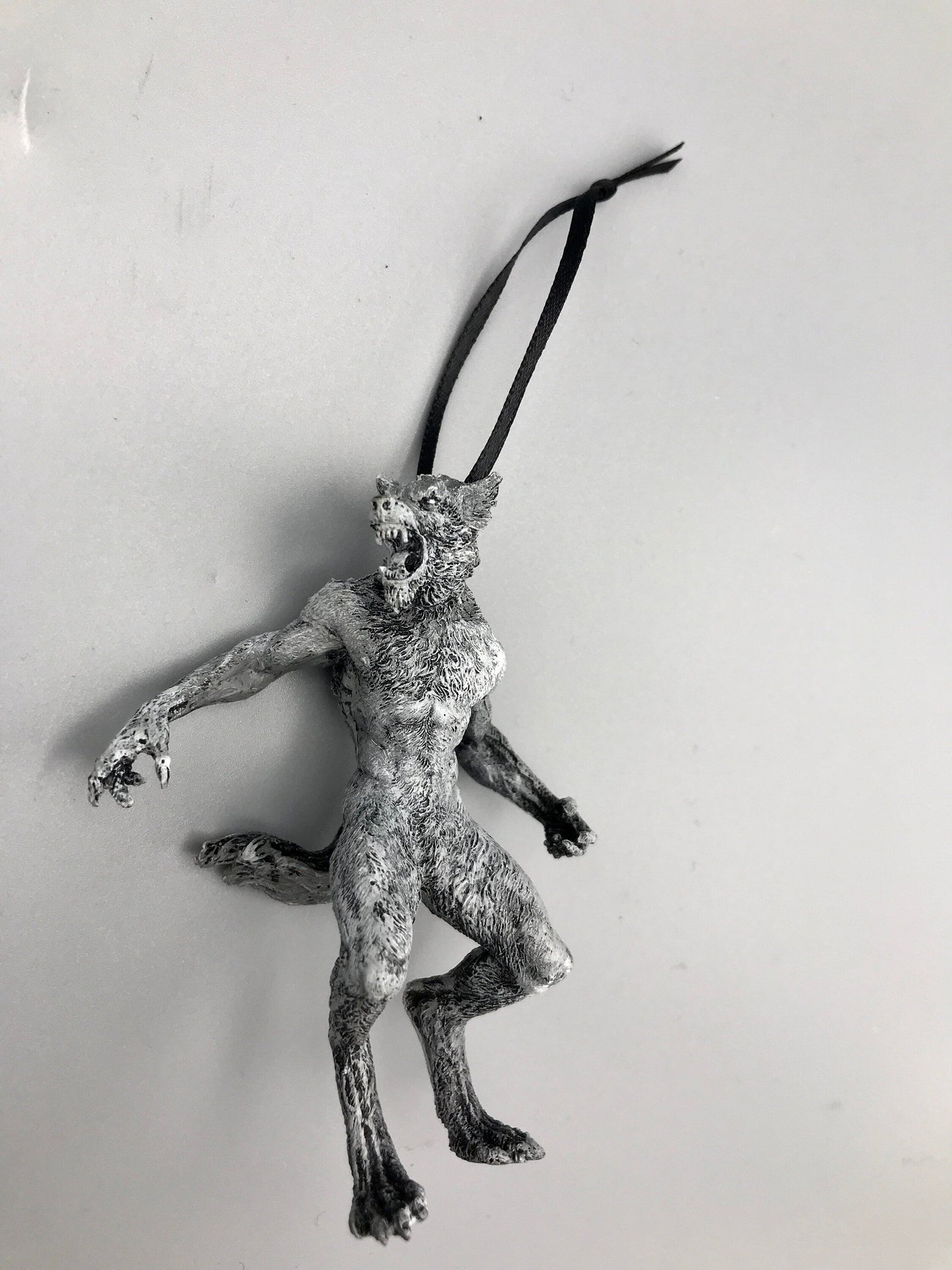 Werewolf Ornament, Grayscale, Hand Painted Resin Sculpture | Gothic Halloween Legendary Monster | Dark Folklore for Spooky Holiday Ornament