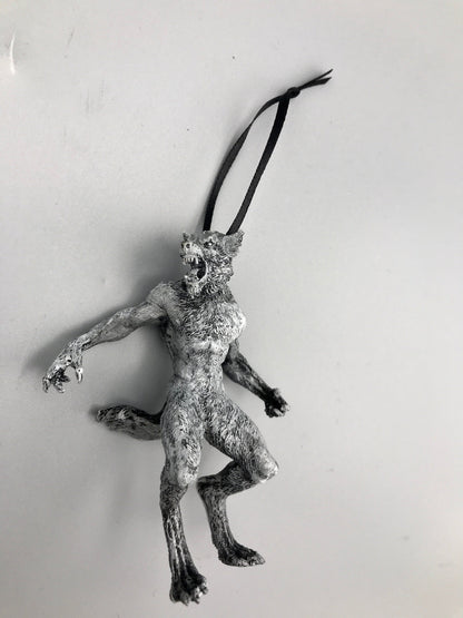 Werewolf Ornament, Grayscale, Hand Painted Resin Sculpture | Gothic Halloween Legendary Monster | Dark Folklore for Spooky Holiday Ornament