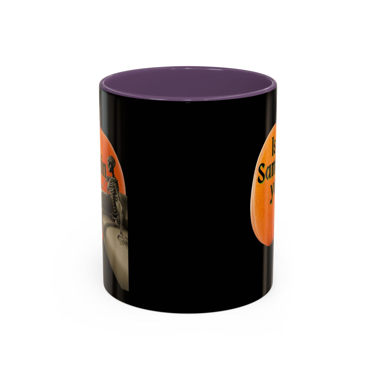 Is It Samhain Yet? Skeleton's Giant Pumpkin Black Accent Mug by CreepyCrafts.boo