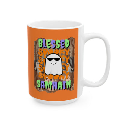 Spooky Blessed Samhain Ghost Mixed font Orange Mug by CreepyCrafts.boo