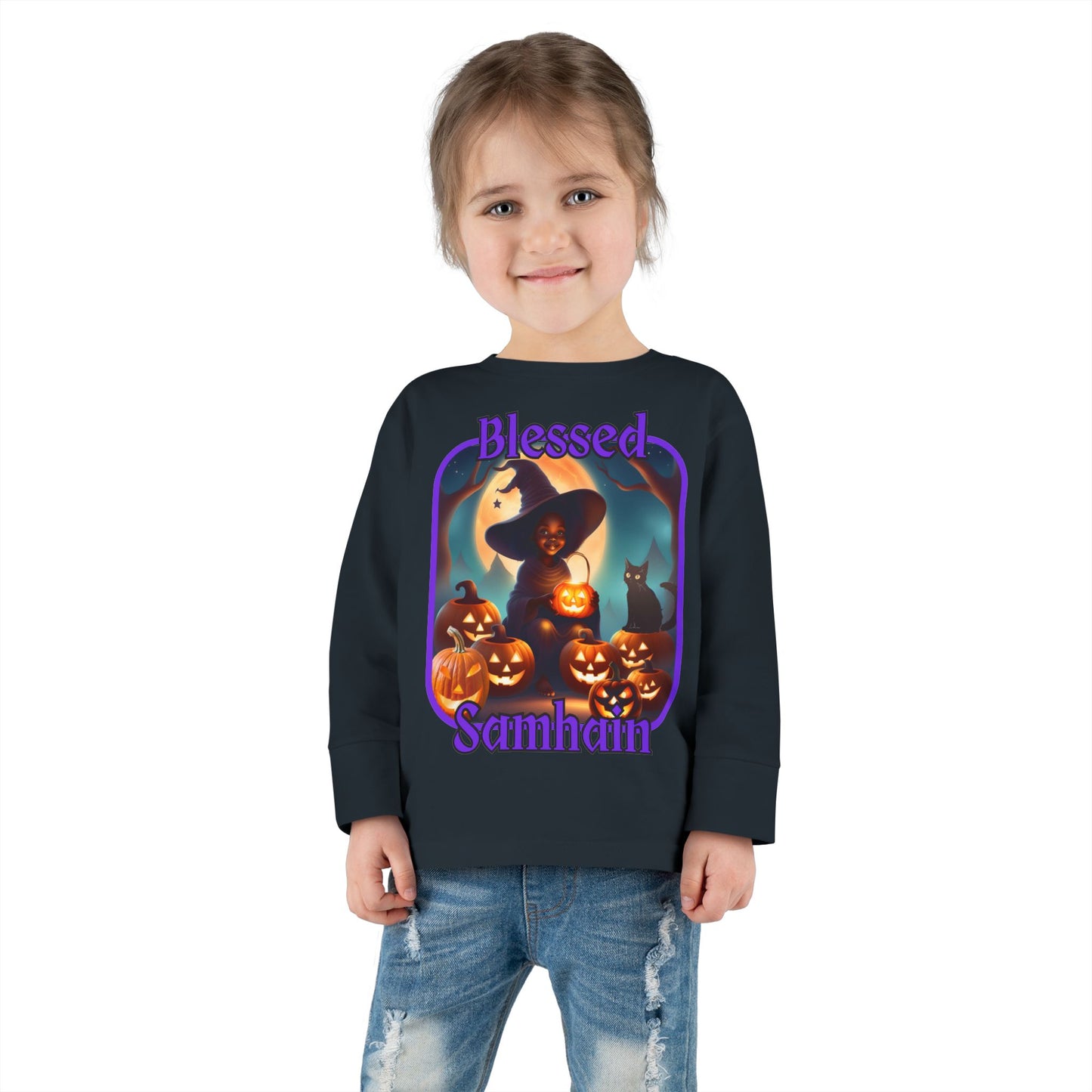 Blessed Samhain Cute Witch Purple font Toddler Long Sleeve Tee by CreepyCrafts.boo