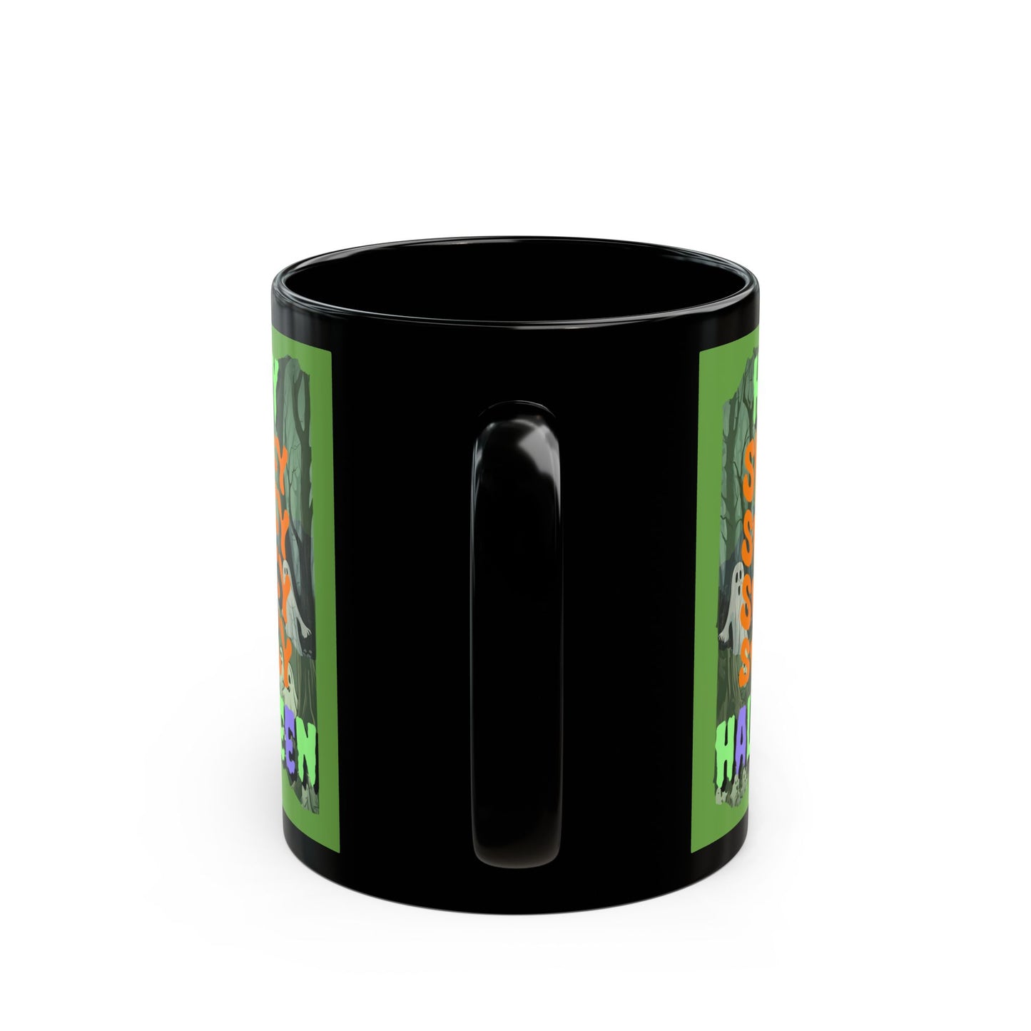 Spooky Happy Halloween Ghost Mixed font Green Mug by CreepyCrafts.boo