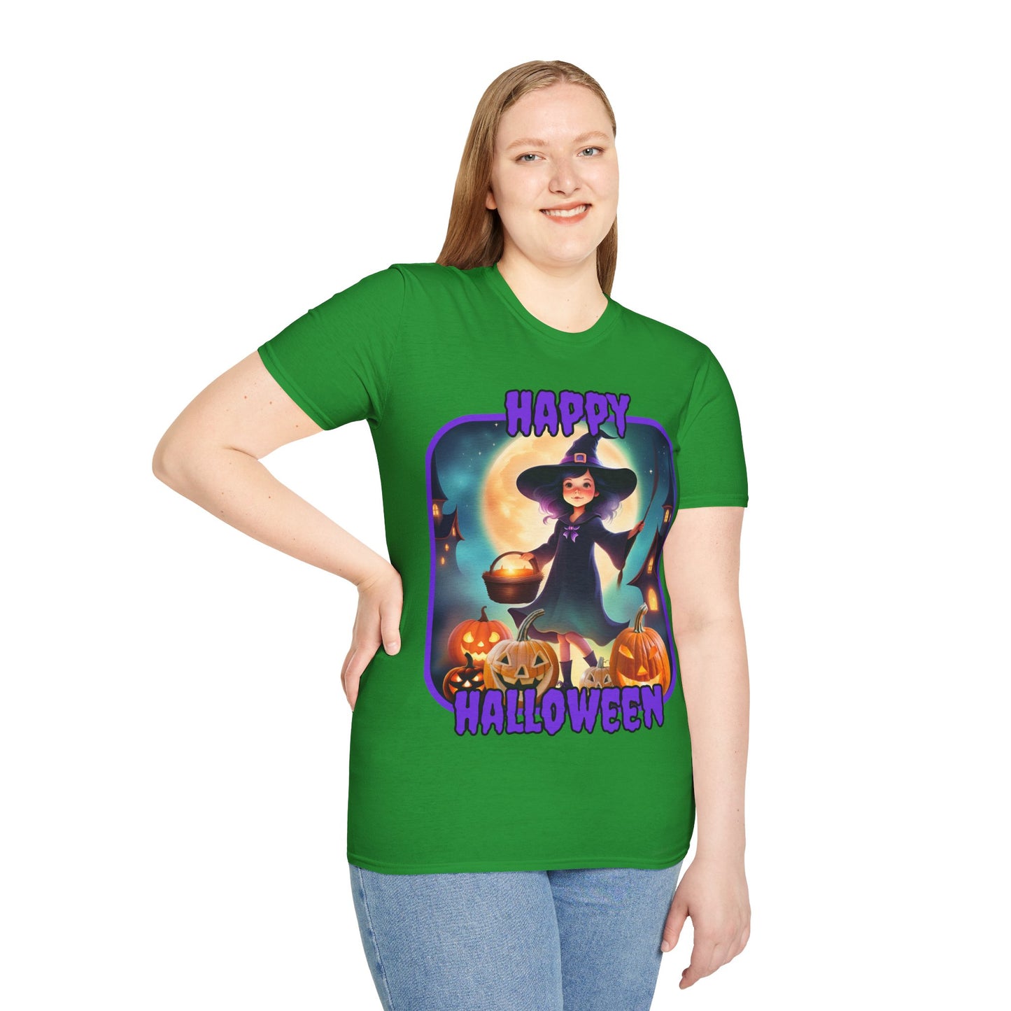 Happy Halloween Little Witch Purple font, Dark colors, Unisex T-Shirt by CreepyCrafts.boo
