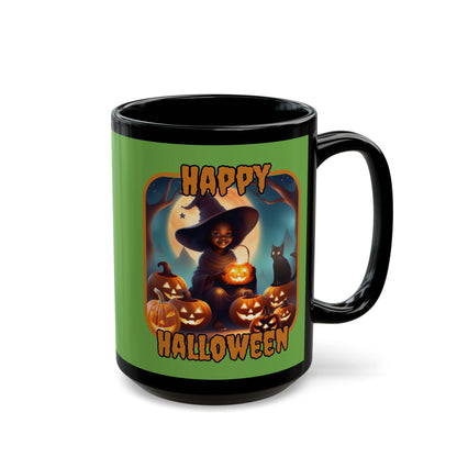Happy Halloween Cute Witch Orange font Green Mug by CreepyCrafts.boo
