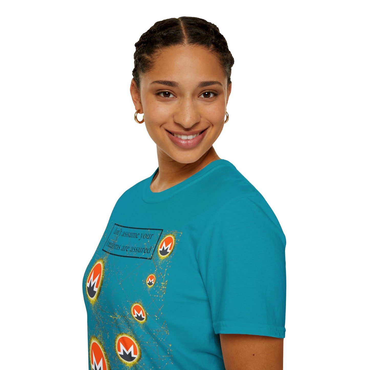 Monero (XMR) don't assume your freedoms are assured Light colors Unisex T-Shirt by cypherpunkgear.com