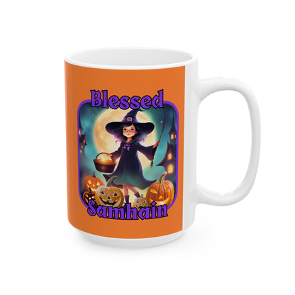 Blessed Samhain Little Witch PRfont Orange Mug by cypherpunkgear