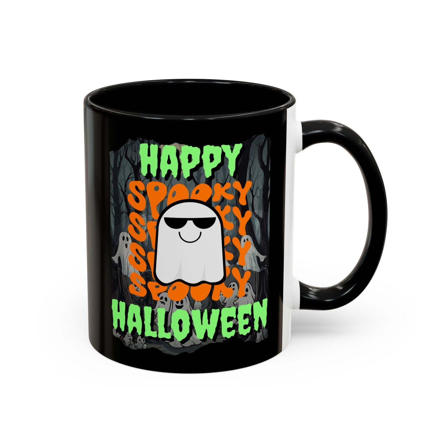Spooky Happy Halloween Ghost Green font Black Accent Mug by CreepyCrafts.boo