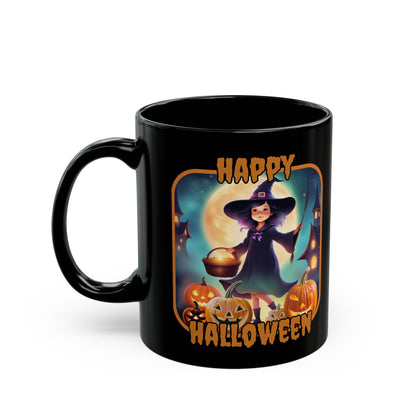 Happy Halloween Little Witch Orange font Black Mug by CreepyCrafts.boo