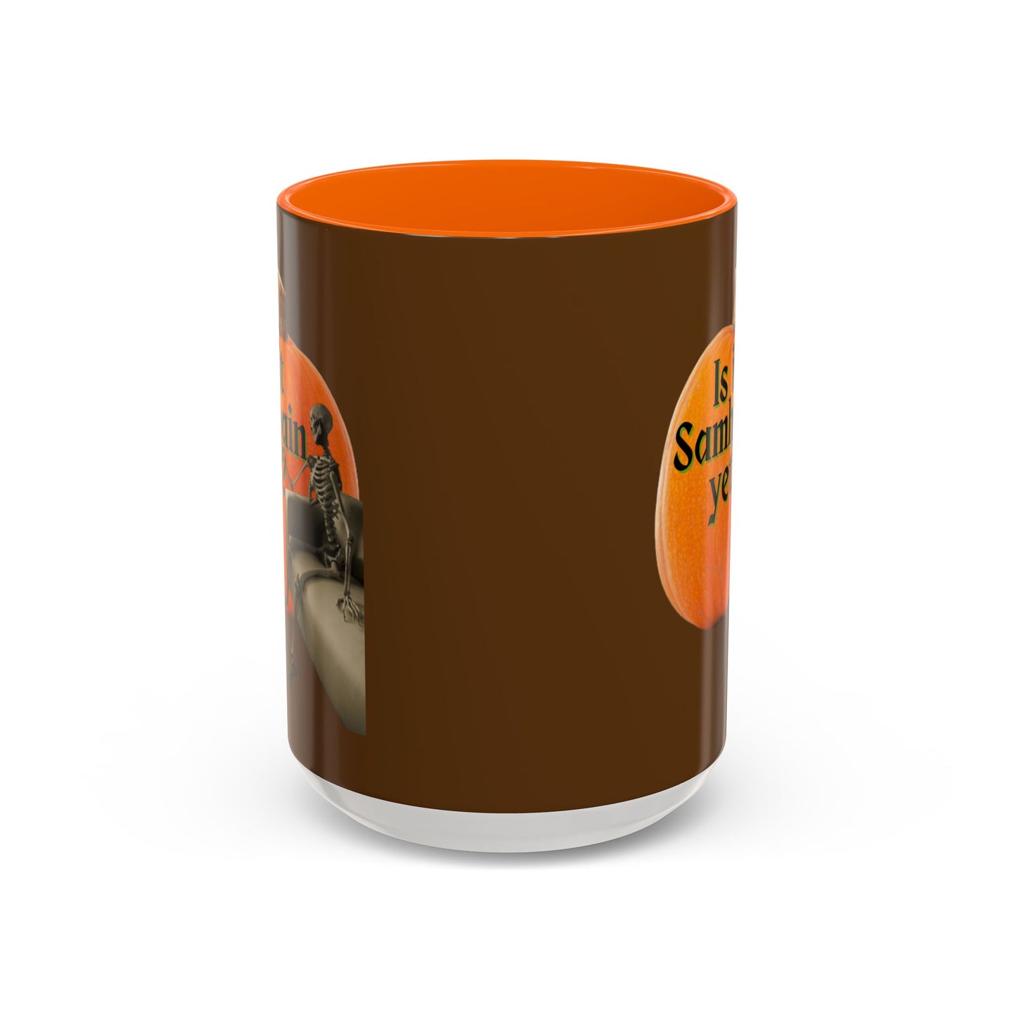 Is It Samhain Yet? Skeleton's Giant Pumpkin Brown Accent Mug by CreepyCrafts.boo