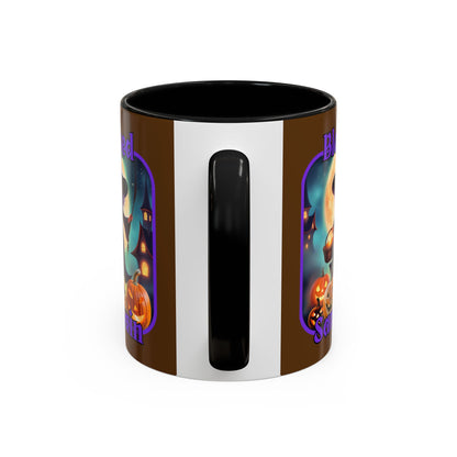 Blessed Samhain Little Witch Purple font Brown Accent Mug by CreepyCrafts.boo