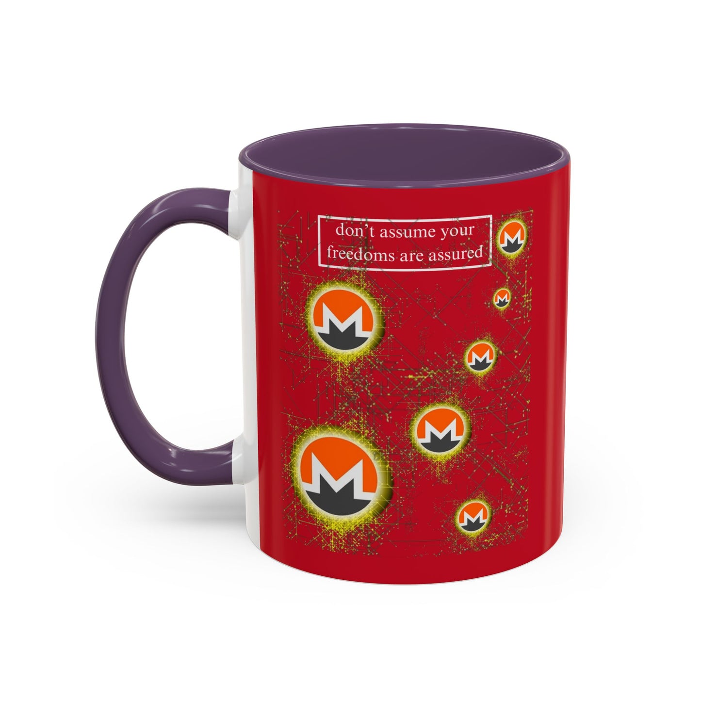 Monero (XMR) don't assume your freedoms are assured Red Accent Mug by cypherpunkgear.com