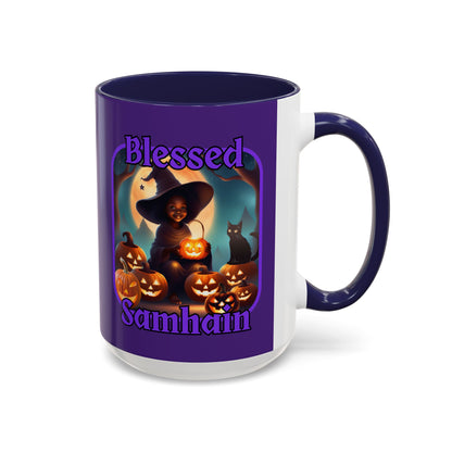 Blessed Samhain Cute Witch Purple font Purple Accent Mug by CreepyCrafts.boo