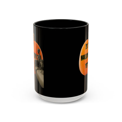 Is it Halloween yet? Skeleton's Giant Pumpkin Black Accent Mug by CreepyCrafts.boo