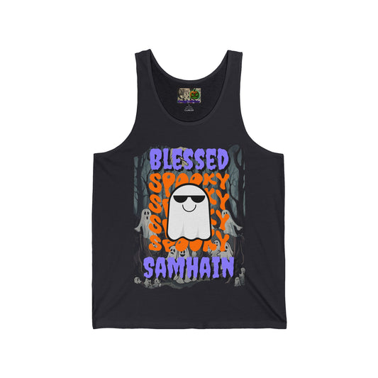 Spooky Blessed Samhain Ghost Purple font Unisex Jersey Tank Top by CreepyCrafts.boo