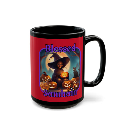 Blessed Samhain Cute Witch Purple font Red Mug by CreepyCrafts.boo