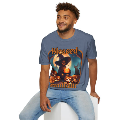Blessed Samhain Cute Witch Orange font Dark colors Unisex T-Shirt by CreepyCrafts.boo