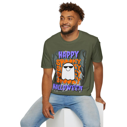 Spooky Happy Halloween Ghost Dark colors Purple font Unisex T-Shirt by CreepyCrafts.boo