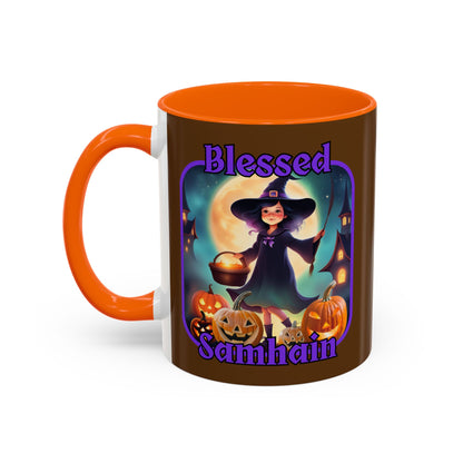 Blessed Samhain Little Witch Purple font Brown Accent Mug by CreepyCrafts.boo