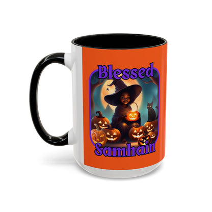 Blessed Samhain Cute Witch Purple font Orange Accent Mug by CreepyCrafts.boo