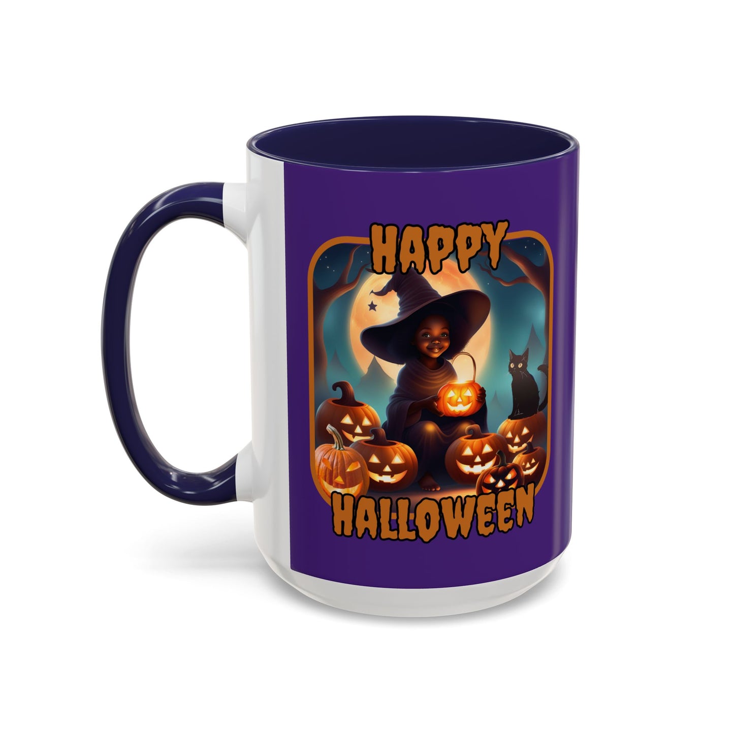 Happy Halloween Cute Witch Orange font Purple Accent Mug by CreepyCrafts.boo