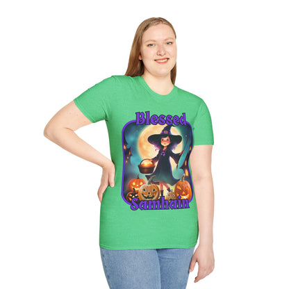 Blessed Samhain Little Witch Purple font Dark colors Unisex T-Shirt by CreepyCrafts.boo