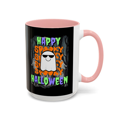 Spooky Happy Halloween Ghost Mixed font Black Accent Mug by CreepyCrafts.boo