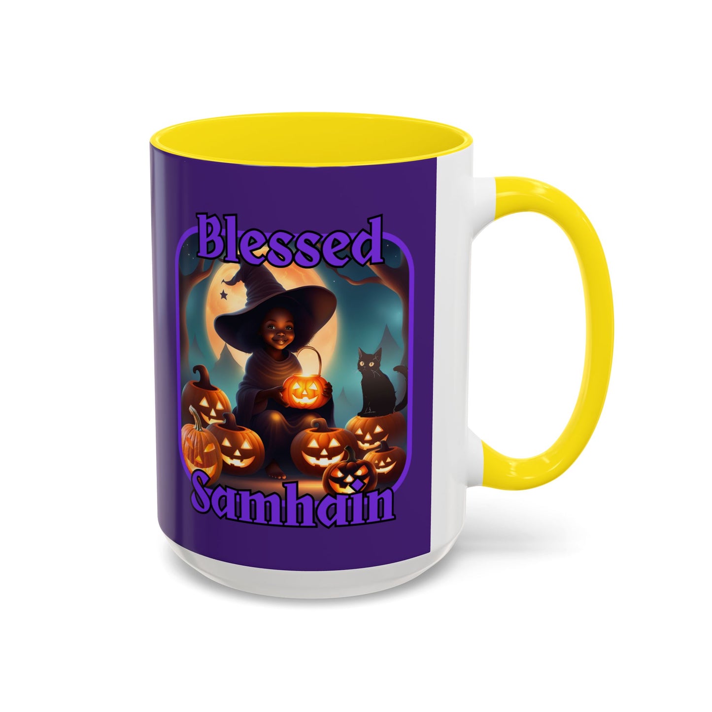 Blessed Samhain Cute Witch Purple font Purple Accent Mug by CreepyCrafts.boo