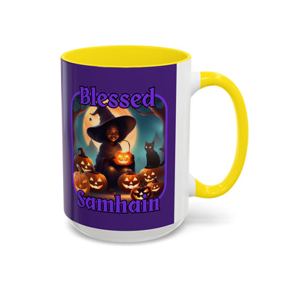 Blessed Samhain Cute Witch Purple font Purple Accent Mug by CreepyCrafts.boo
