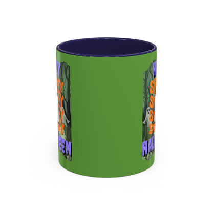 Spooky Happy Halloween Ghost Purple font Green Accent Mug by CreepyCrafts.boo
