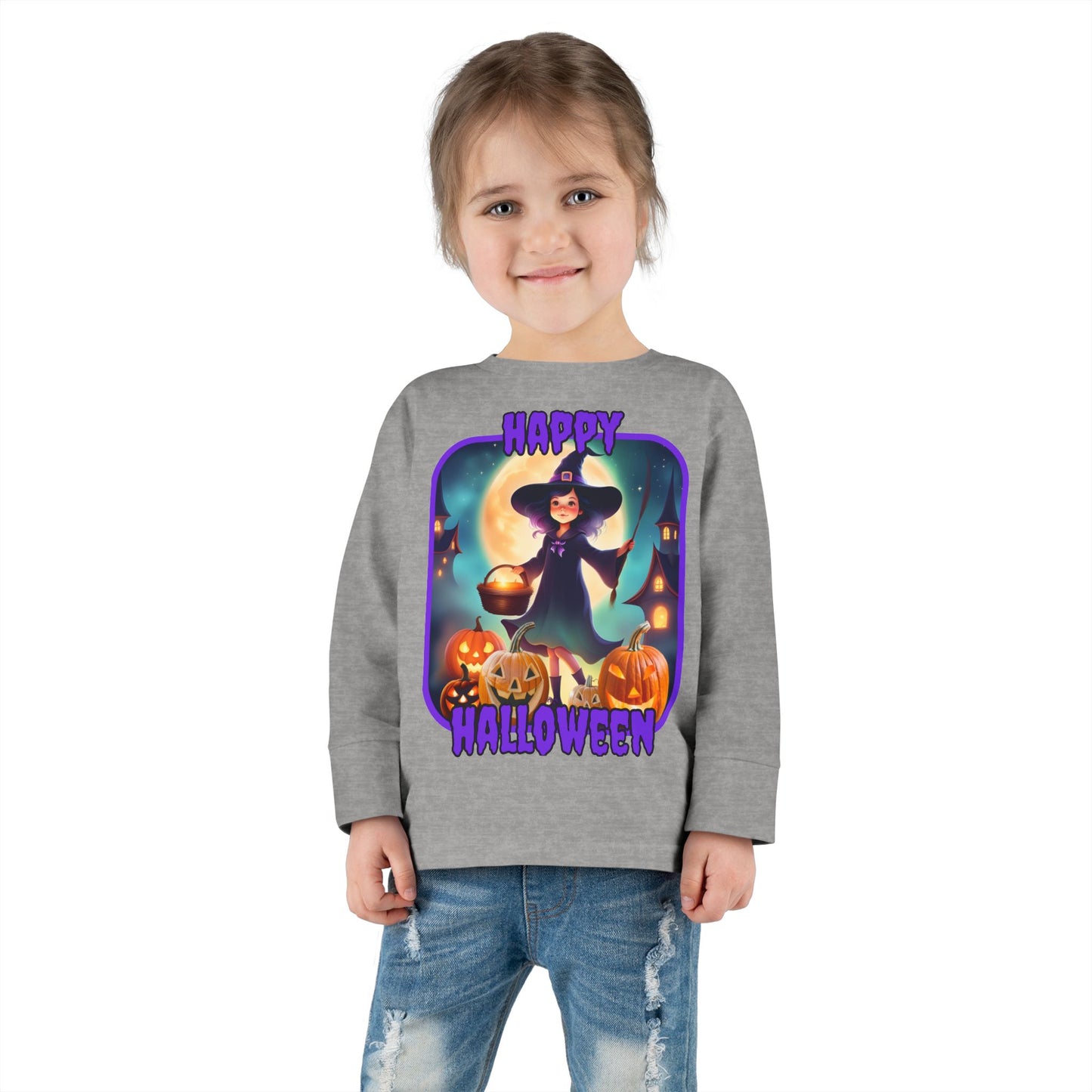 Happy Halloween Little Witch Purple font Toddler Long Sleeve Tee by CreepyCrafts.boo