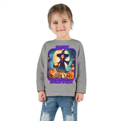 Happy Halloween Little Witch Purple font Toddler Long Sleeve Tee by CreepyCrafts.boo