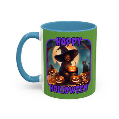 Happy Halloween Cute Witch Purple font Green Accent Mug by CreepyCrafts.boo