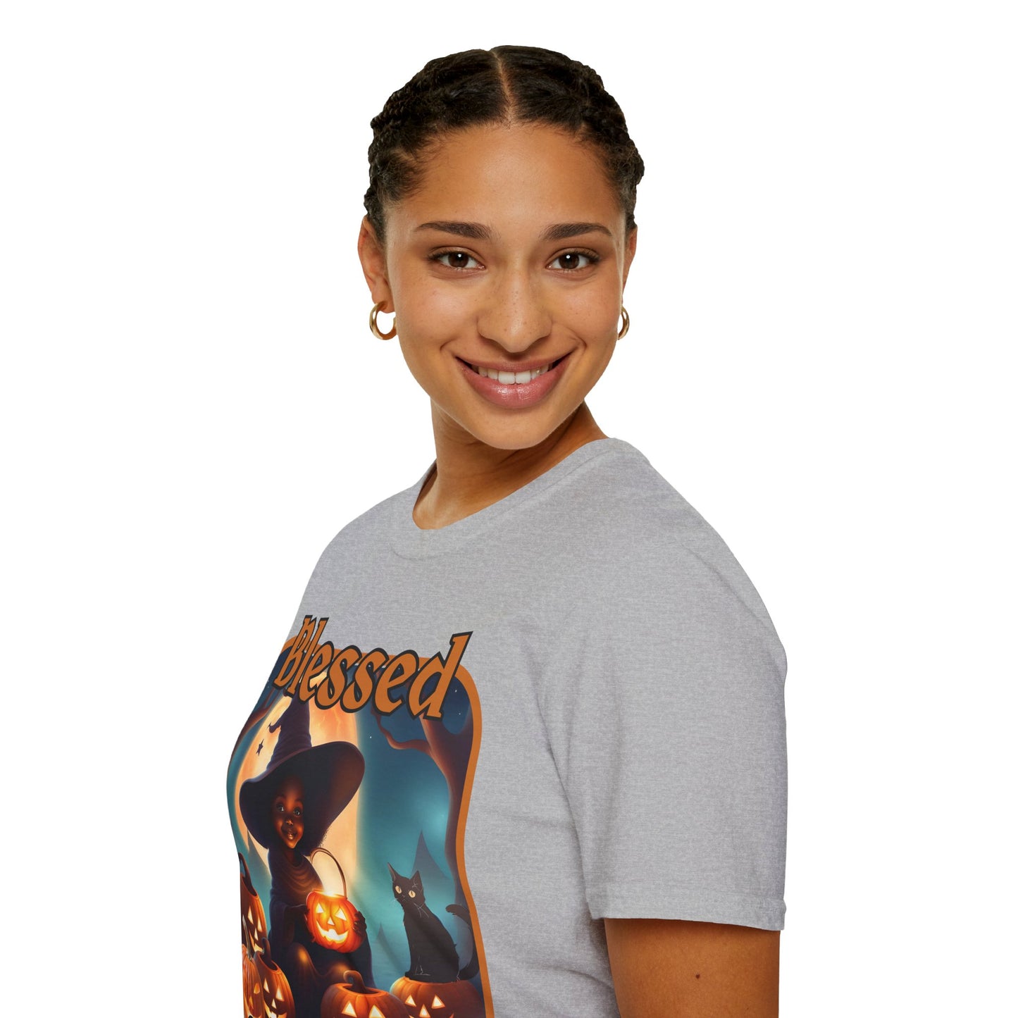 Blessed Samhain Cute Witch Orange font Light colors Unisex T-Shirt by CreepyCrafts.boo