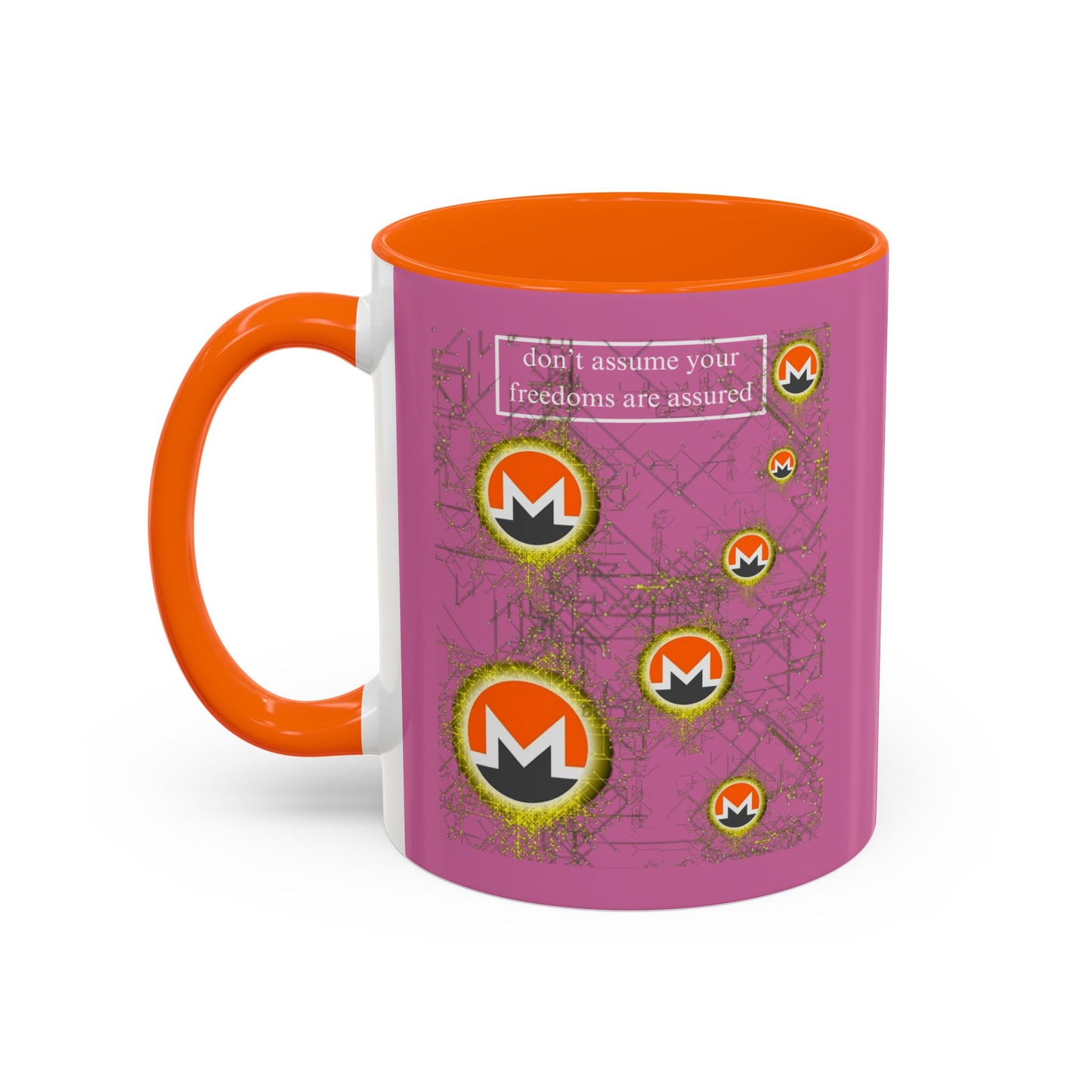 Monero (XMR) don't assume your freedoms are assured Pink Accent Mug by cypherpunkgear.com