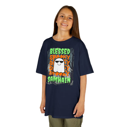 Spooky Blessed Samhain Ghost Green font Kids Heavy Cotton™ Tee by CreepyCrafts.boo