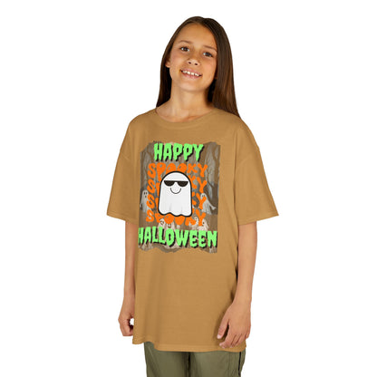 Spooky Happy Halloween Ghost Green font Kids Heavy Cotton™ Tee by CreepyCrafts.boo