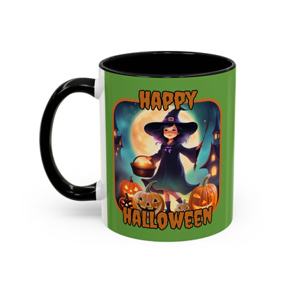 Happy Halloween Little Witch Orange font Green Accent Mug by CreepyCrafts.boo