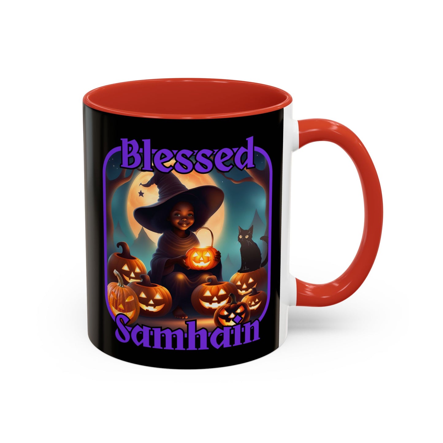 Blessed Samhain Cute Witch Purple font Black Accent Mug by CreepyCrafts.boo