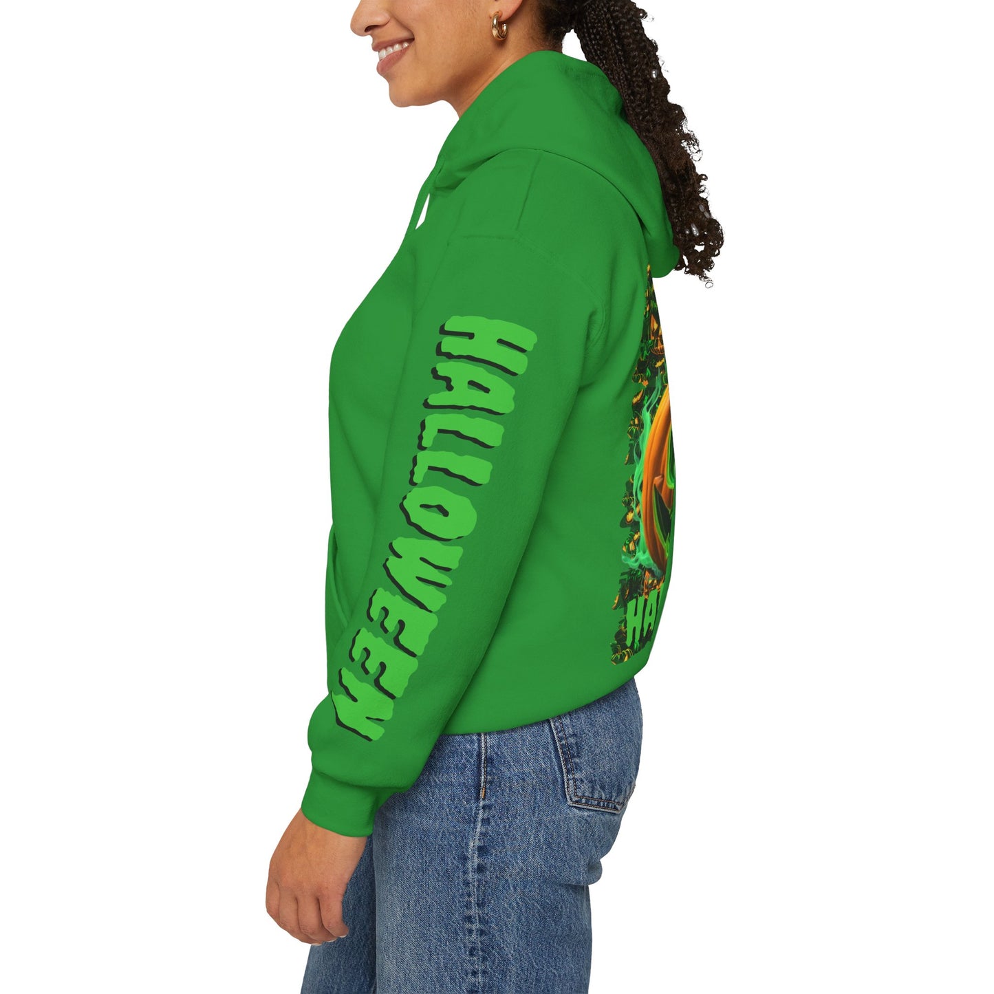 Happy Halloween Green Jack Hoodie Unisex Hooded Sweatshirt by CreepyCrafts.boo