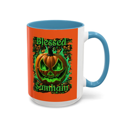 Blessed Samhain Green Jack Orange Accent Mug by CreepyCrafts.boo