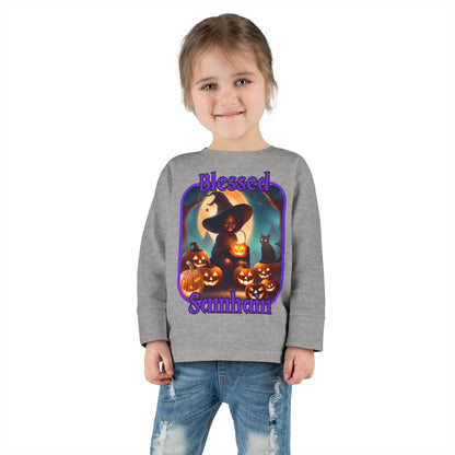 Blessed Samhain Cute Witch Purple font Toddler Long Sleeve Tee by CreepyCrafts.boo
