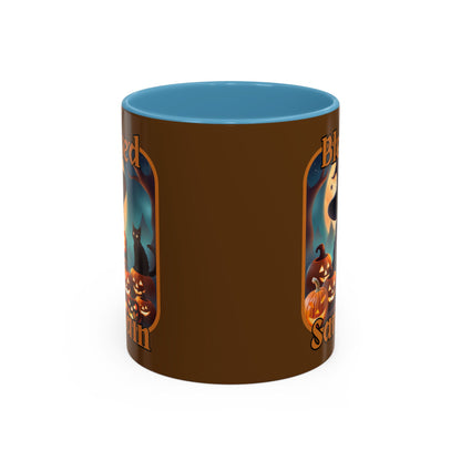Blessed Samhain Cute Witch Orange font Brown Accent Mug by CreepyCrafts.boo