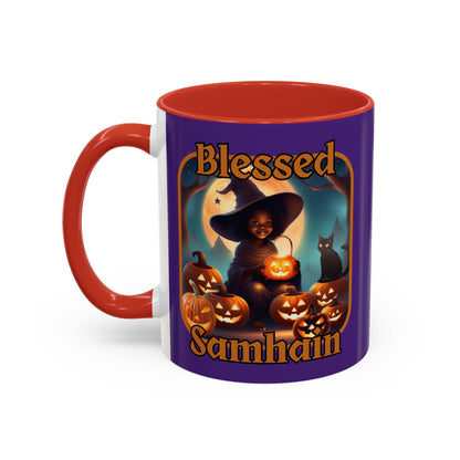 Blessed Samhain Cute Witch Orange font Purple Accent Mug by CreepyCrafts.boo