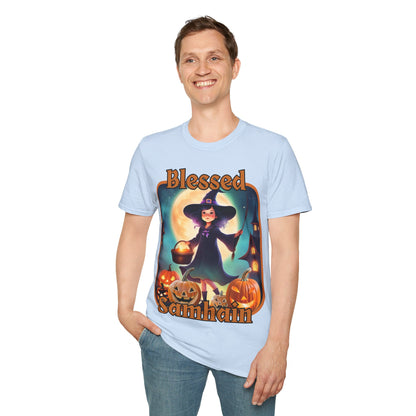 Blessed Samhain Little Witch ORfont LTcolors Unisex T-Shirt by cypherpunkgear