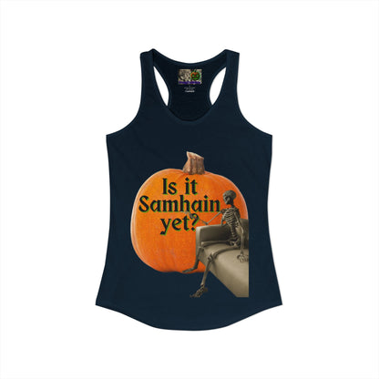 Is It Samhain Yet? Skeleton's Giant Pumpkin Women’s Racerback Tank Top by CreepyCrafts.boo