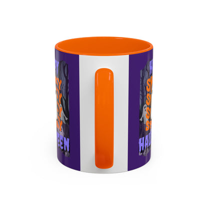 Spooky Happy Halloween Ghost Purple font Purple Accent Mug by CreepyCrafts.boo