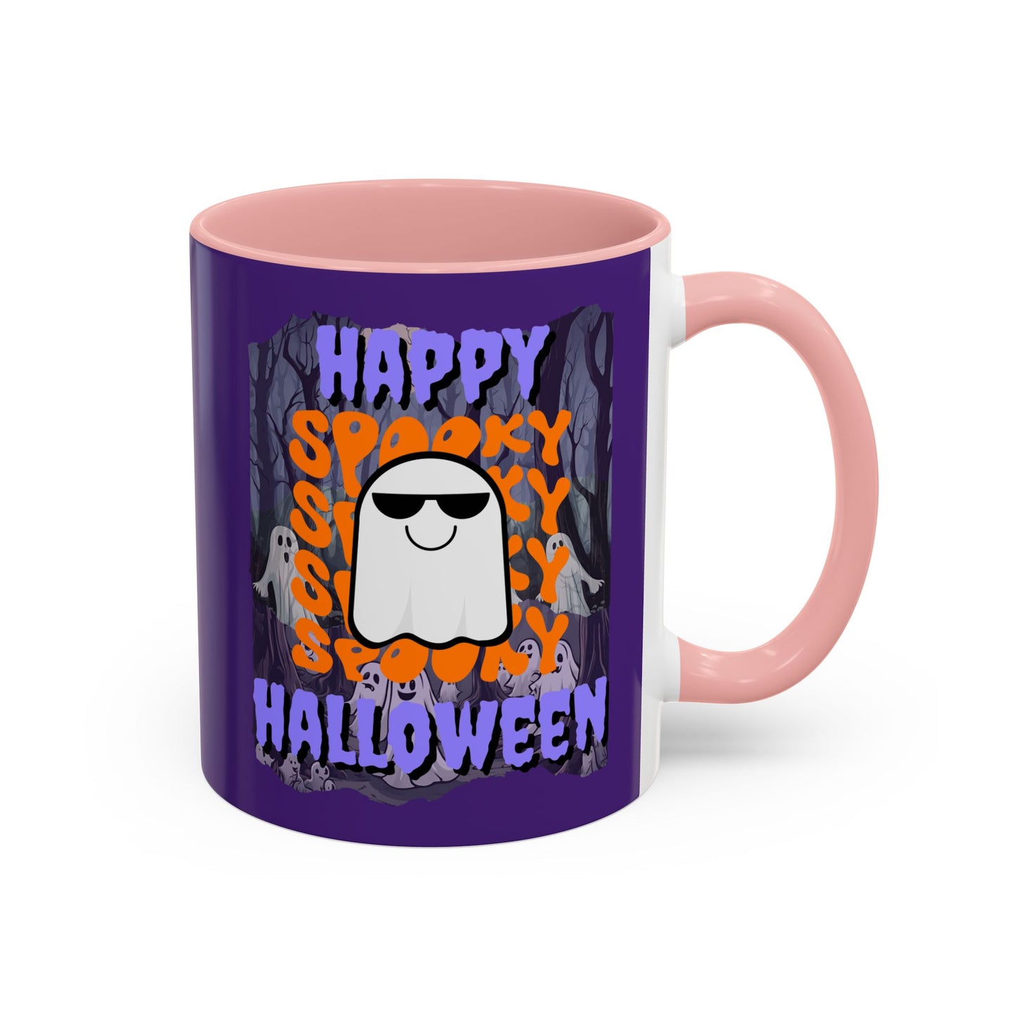 Spooky Happy Halloween Ghost Purple font Purple Accent Mug by CreepyCrafts.boo