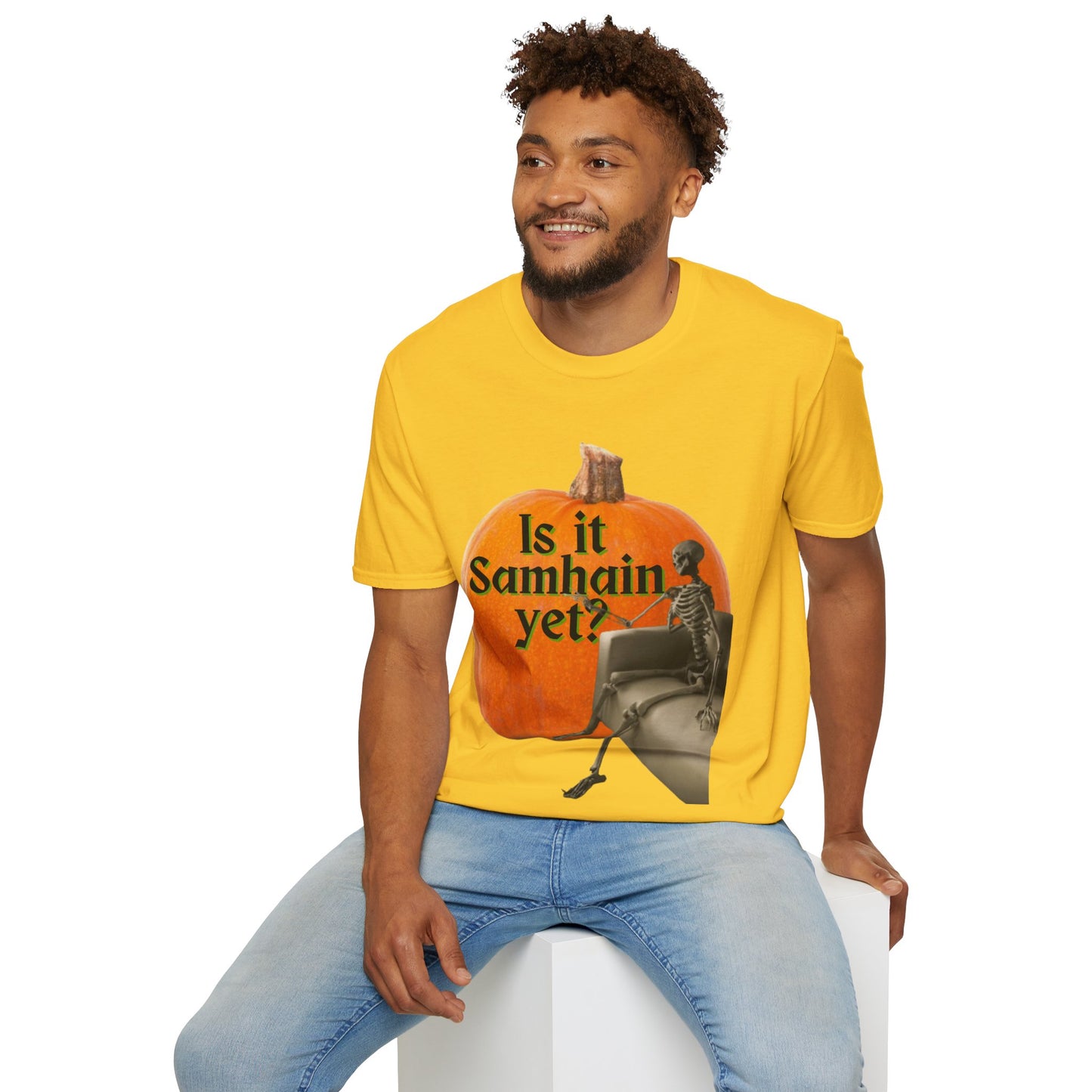 Is It Samhain Yet? Skeleton's Giant Pumpkin Light colors Unisex T-Shirt by CreepyCrafts.boo